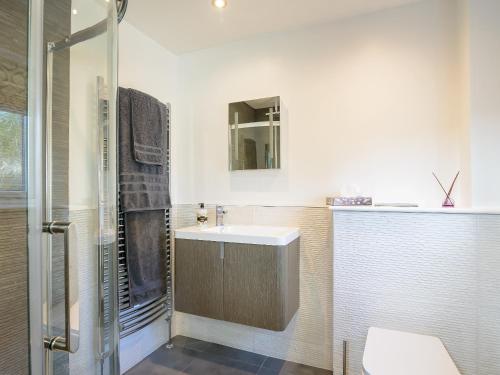uma casa de banho com um lavatório e um chuveiro em Penthwaite em Leyburn
