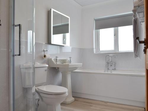 a bathroom with a toilet and a sink and a bath tub at Marlais View in Llansadwrn