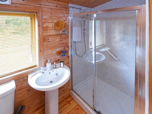 a bathroom with a shower and a sink at Red Kite Cottage in Tore