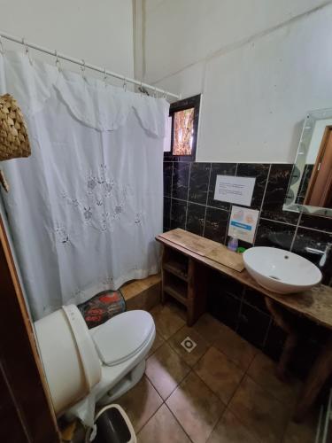 a bathroom with a toilet and a sink at Hostal Vieroto in Hanga Roa