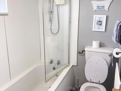 a white bathroom with a shower and a toilet at Vale View in Richmond