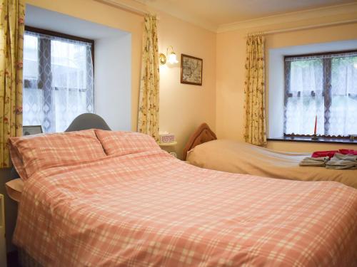 a bedroom with two beds and two windows at Mill Cottage, Marsh Mills in Aveton Gifford