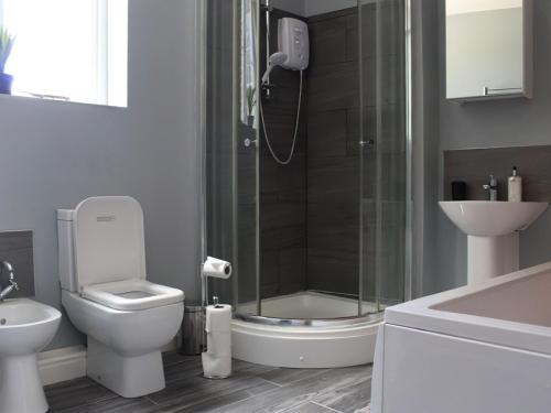 a bathroom with a shower and a toilet and a sink at Riverside Penthouse - Uk31551 in Matlock