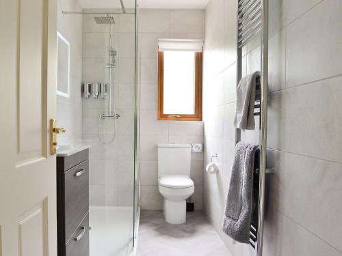 a bathroom with a toilet and a glass shower at Rivendell Cottage in Fort Augustus