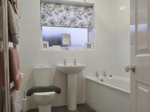 a bathroom with a toilet and a sink and a window at Sea Views no, 38 in Cayton