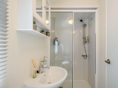 a white bathroom with a sink and a shower at Ochil View Lodge in Dollar