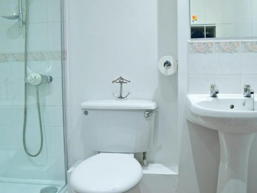 a white bathroom with a toilet and a sink at Mariners Rest in Bideford