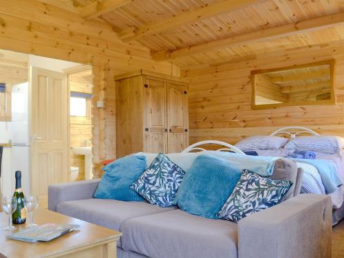 a living room with a couch in a log cabin at The Cwtch - Uk30049 in Llanwnda