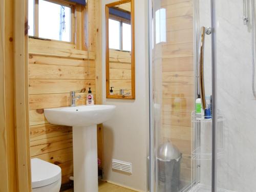 a bathroom with a sink and a shower at The Cwtch - Uk30049 in Llanwnda