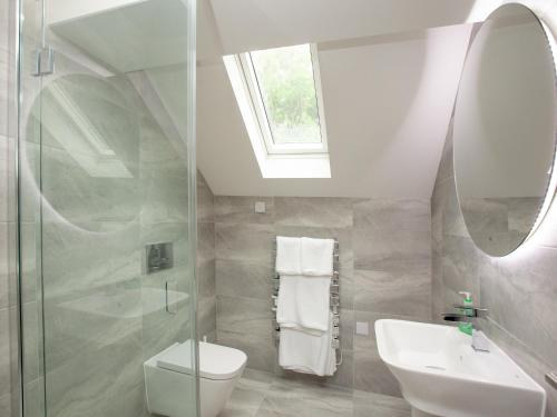 uma casa de banho com um WC, um lavatório e um espelho. em The Oyster em Turnchapel