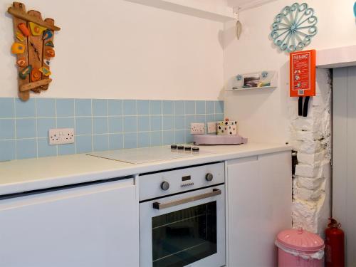 a kitchen with a white oven and blue tiles at The Cottage in St Ives