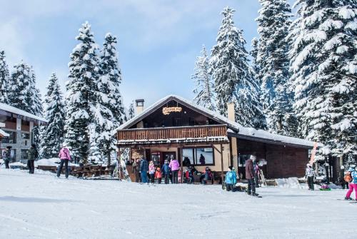 a group of people standing outside of a building in the snow at Alpine ski chalet Borovets with sauna in Borovets