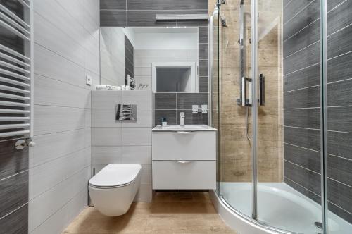La salle de bains est pourvue de toilettes, d'un lavabo et d'une douche. dans l'établissement Apartament Doris 2 - 50 m do plaży, à Pobierowo