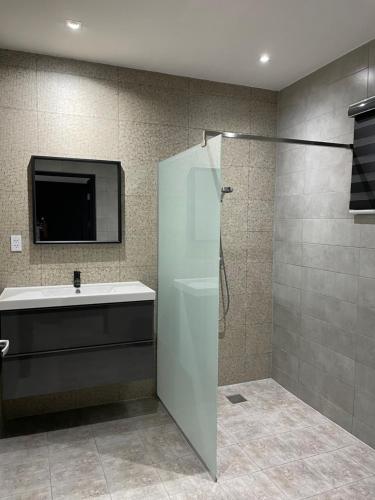 a bathroom with a shower and a sink and a tv at Suriday Village in Wanica