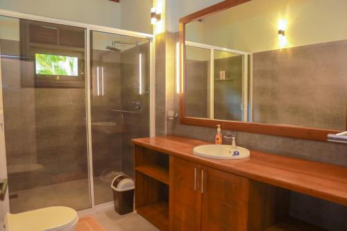 希卡杜瓦的住宿－IBSON Villa - 02 Hikkaduwa with 4 Bedrooms & Salt Water Swimming Pool，一间带水槽和淋浴的浴室
