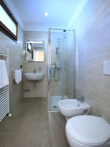 a bathroom with a shower and a toilet and a sink at Hotel Stella Alpina in Fai della Paganella