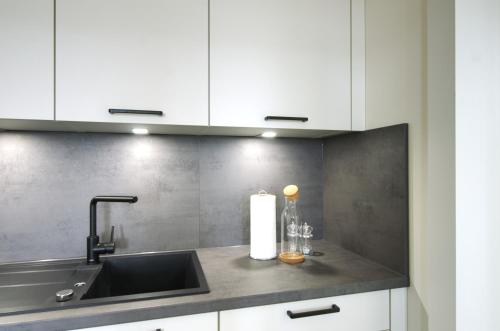 a kitchen counter with a sink and white cabinets at vonBehling Boutique Apt. - Historisch und modern in Wiesbaden