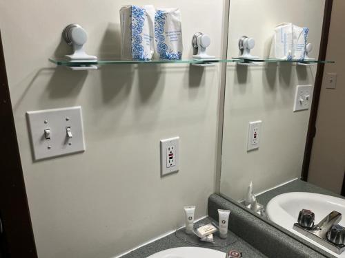 a bathroom with a sink and a mirror at Destination Family Hotel in Whitehorse