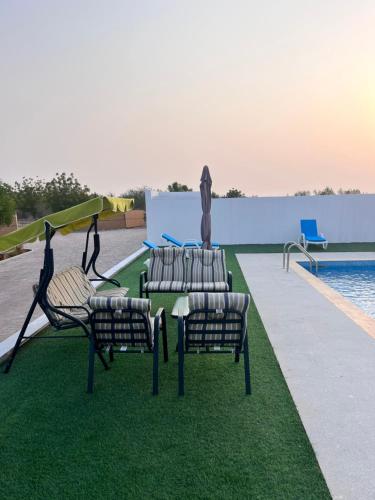 a group of chairs sitting on the grass next to a pool at Falaj Hub Retreat in Umm Al Quwain