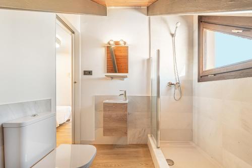 uma casa de banho com um chuveiro, um WC e um lavatório. em Doña Elvira. Las Terrazas em Málaga