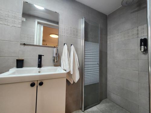 a bathroom with a sink and a shower at Extreme Sports Arad in Arad