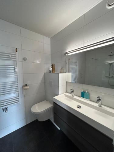 a bathroom with a sink and a toilet and a mirror at Apartment with city skyline in Leeuwarden