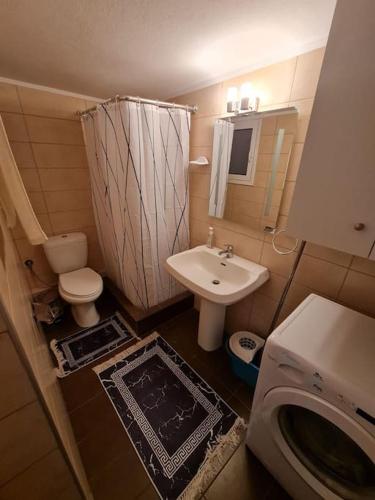 a small bathroom with a toilet and a sink at Sunny Dream House in Piraeus