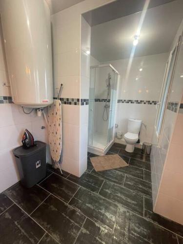 une salle de bain avec douche et toilettes dans l'établissement L7 -Villiers-le-Bel proche Aéroport ROISSY CHARLES DE GAULLES & PARIS, à Villiers-le-Bel