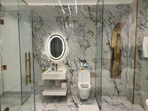 索瓦馬的住宿－The New Chalet，一间带卫生间、水槽和镜子的浴室