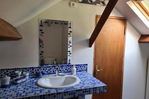 ein Bad mit einem Waschbecken und einem Spiegel in der Unterkunft Gite les Pommettes in Étretat