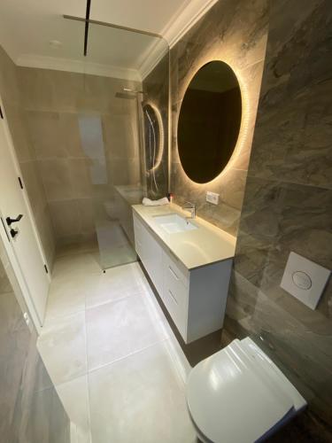 a bathroom with a toilet and a sink and a mirror at Casa Viilor in Chişinău