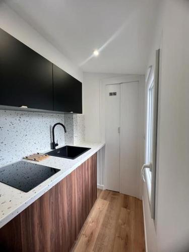 une cuisine avec un évier et un plan de travail dans l'établissement Appartement cosy cœur de ville et gare, à Angers