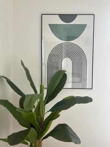 une plante dans un vase à côté d'un tableau dans l'établissement Appartement cosy cœur de ville et gare, à Angers