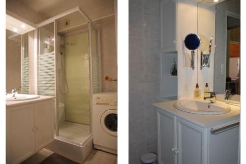 - deux photos d'une salle de bains avec un lavabo et un lave-linge dans l'établissement Le Logis de Pimpi, à Lamoura