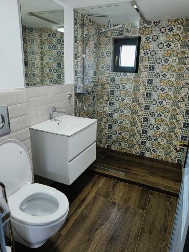 a bathroom with a toilet and a sink and a mirror at Apartments Eibenthal in Eibenthal