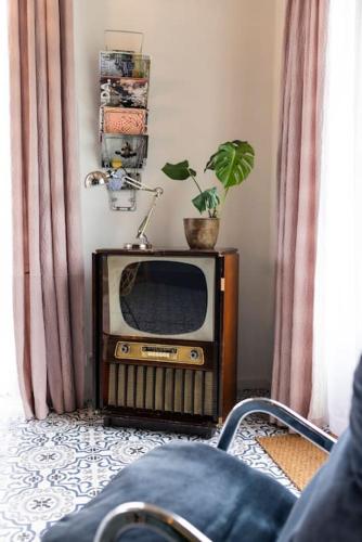 an old television sitting in a room with a plant at De Boterhal - vakantiehuisje op natuurboerderij in Hem