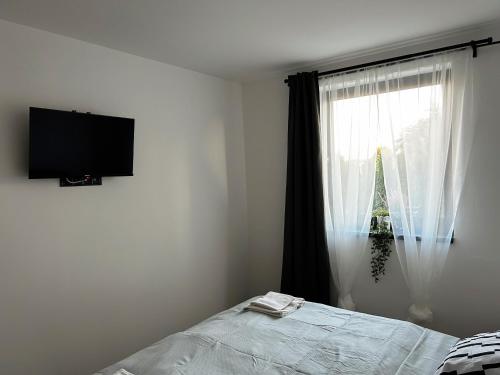 1 dormitorio con cama y ventana en Apartmány v soukromí pod Javorem, en Nová Bystřice