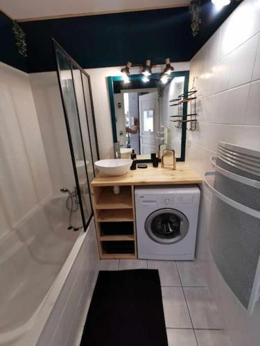 une salle de bain avec un lavabo et une machine à laver dans l'établissement Le Mazette YourHostHelper, à Narbonne