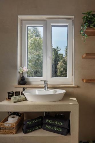 a bathroom with a sink and two windows at Villa PERLA VERDE in Labin