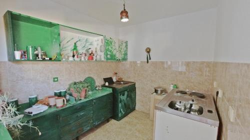 una cocina con armarios verdes y fregadero en Green Moonlight, en Ulcinj