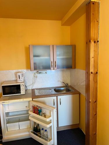 a small kitchen with a sink and a microwave at Penzion Ariane in Prague