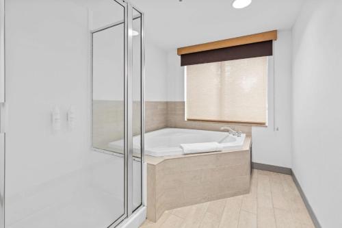 a bathroom with a tub and a glass shower at Hilton Garden Inn Syracuse in East Syracuse