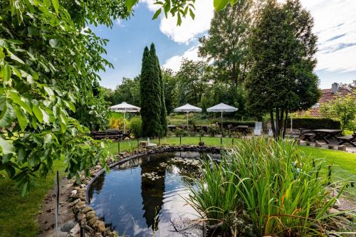 a pond in a garden with tables and umbrellas at Hotel Zur Post in Pirna