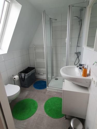 y baño con lavabo, aseo y ducha. en FeWo-Schnoor, en Lübeck