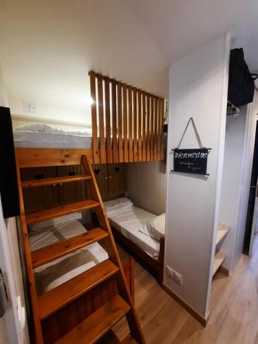 - łóżko piętrowe z drabiną w pokoju w obiekcie SUPERBE APPARTEMENT REFAIT A NEUF avec garage w mieście Orcières