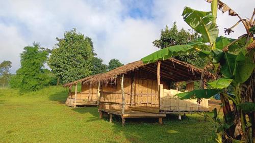 a group of wooden huts in a field at ไร่นิธิสุนทร nithisoonthon farmstay in Mae Hong Son