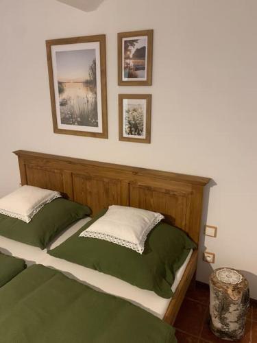 a bedroom with two green and white pillows on a bed at The Dachshund's Chateau in Budíkov