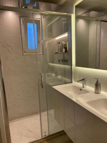 bagno con doccia in vetro e lavandino di Maison Blue Palm Aix en Provence ad Aix en Provence