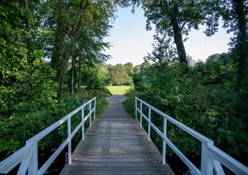 a wooden bridge in a park with trees at Hotel Hoevevoorde in Rijswijk