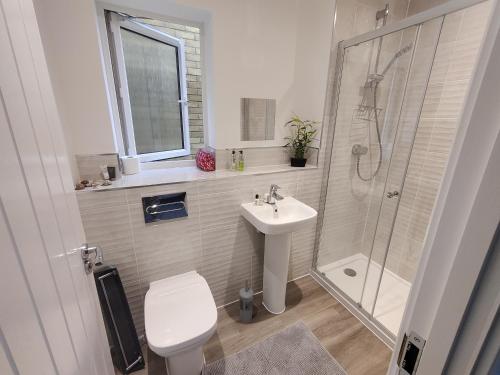 uma casa de banho com um WC, um lavatório e um chuveiro em Cosyhome em Wellingborough